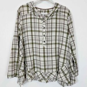 Free People Plaid Button-Up Top in Green and White